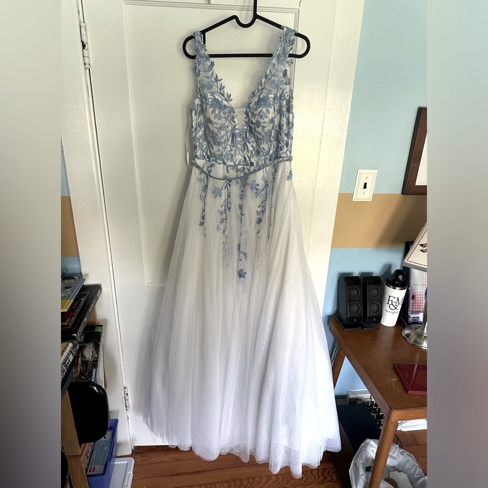 Embroidered blue and white ballgown